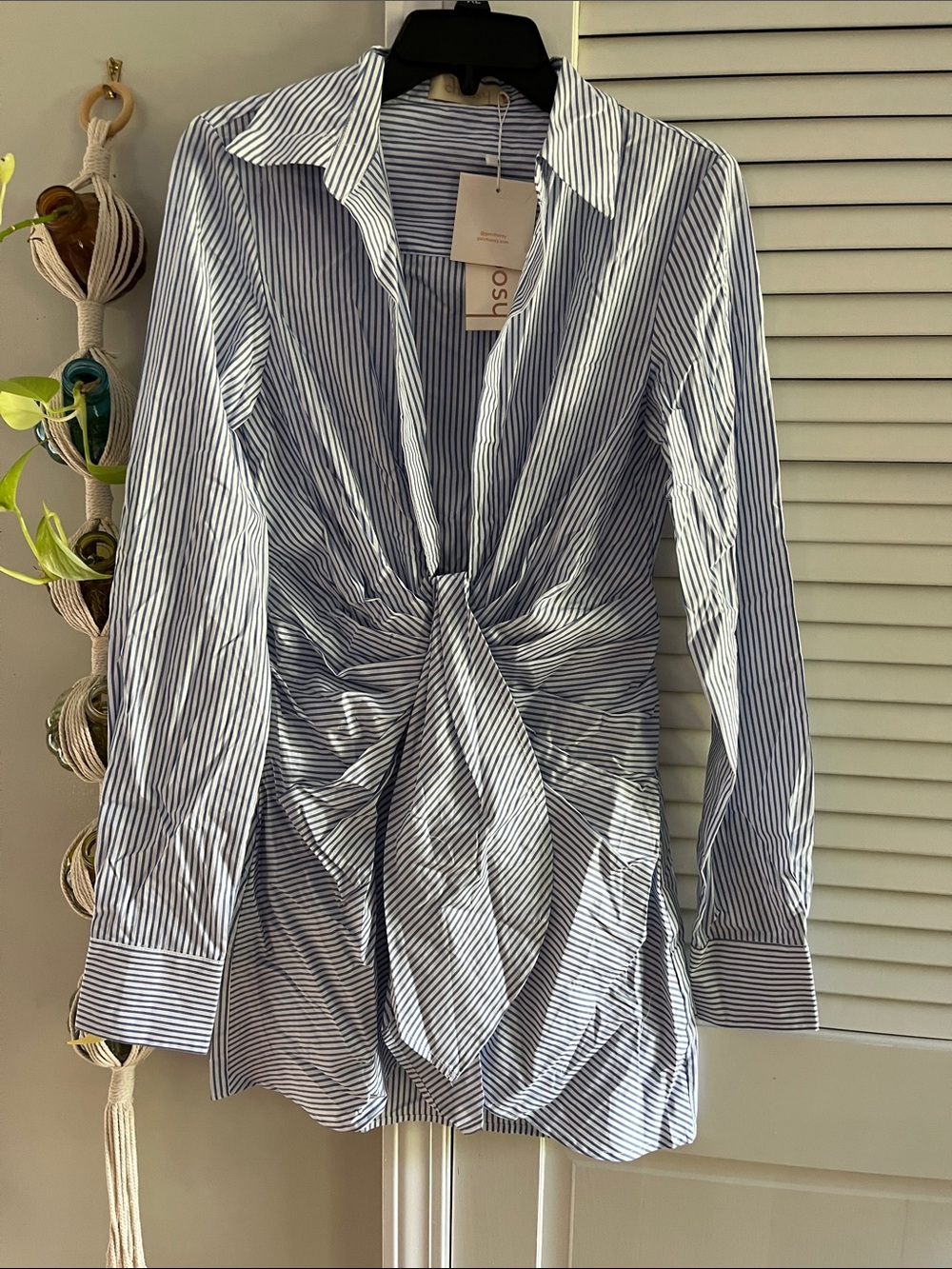 Knot-Front Mini Dress in Blue & White Stripes
